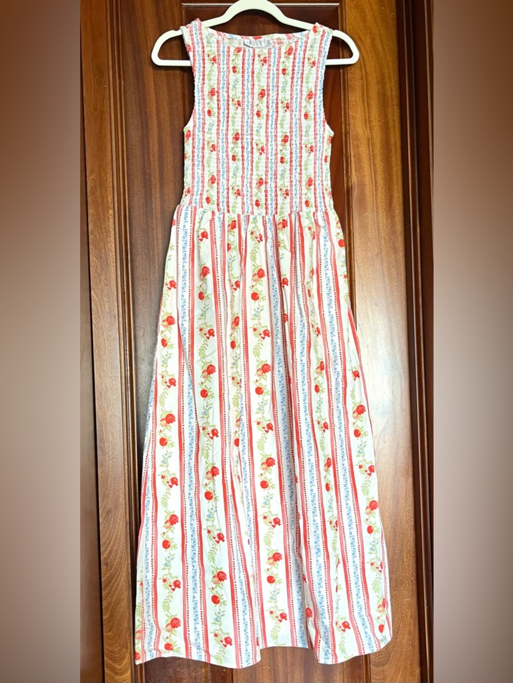 Caroline Constas White Dress with Red Floral & Blue Stripe Maxi